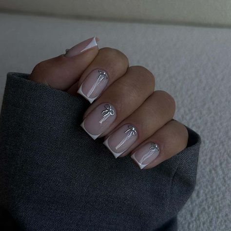 11. French Tip Nails With Silver, White French Tip Nails, Bows And Pearls, Short Nail Inspo, Nails With Silver, Bow Nail Designs, White Tip Nails, Builder Gel Nails, White And Silver Nails