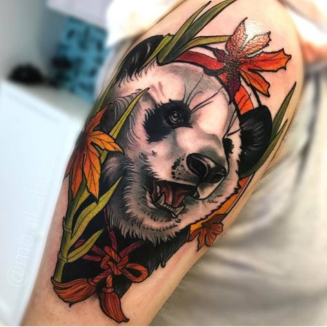 Japanese Panda Tattoo, Panda Japanese Tattoo, Neo Traditional Panda Tattoo, Panda Warrior Tattoo, Panda Leg Tattoo, Neo Traditional Raccoon, Pikachu Tattoo Design, Tato Realis, Pikachu Tattoo