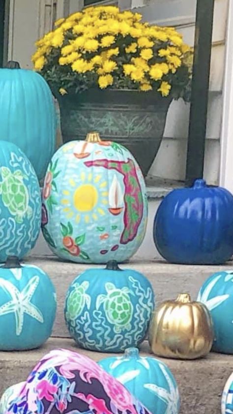 Pumpkin Fish, Coastal Halloween, Coastal Pumpkins, Creative Pumpkin Decorating, Pumpkin Painting Ideas, Creative Pumpkins, Pumpkin Ideas, Pumpkin Painting, Mini Pumpkins