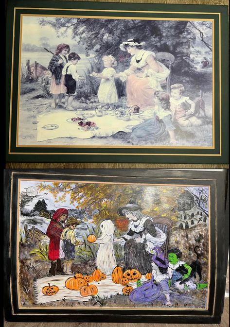 Thrift Store Fall Crafts, Thrift Store Art Makeover Spooky, Goodwill Spooky Painting, Halloween Painting Makeover, Halloween Picture Painting Ideas, Halloween Painting Thrift Store, Upcycled Paintings Thrift Stores, Repainting Pictures For Halloween, Spooky Goodwill Painting