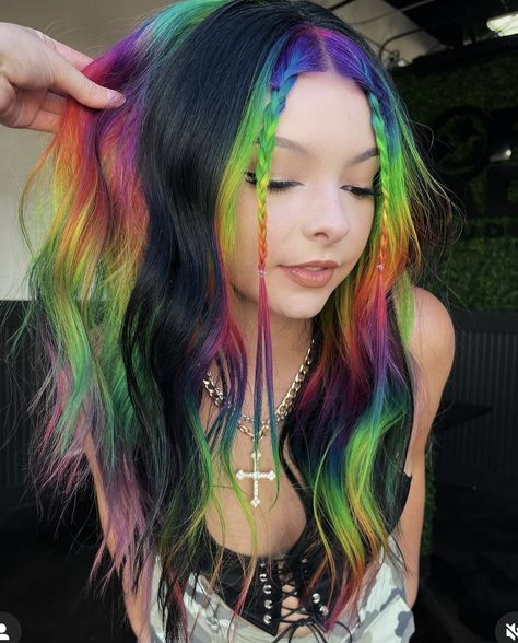 Rainbow Black Hair, Vivid Rainbow Hair, Blue And Rainbow Hair, Rainbow Ghost Roots, Oil Spill Hair Blonde, Vivid Placement, Lisa Frank Hair, Rainbow Money Piece Hair, Black Tips Hair