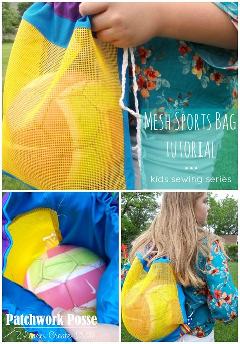 Sports Ball Cinch Bag - Sewing Projects for Kids Series - Patchwork Posse Mesh Bags, Cinch Bag, Kids Sewing, Kids Series, Bag Sewing, Bag Tutorial, Sewing Projects For Kids, Sports Balls, Creation Couture