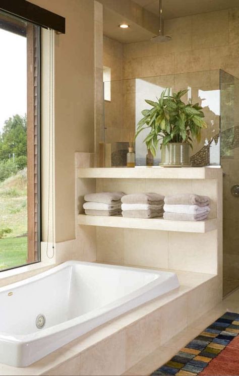 How to turn your bathroom into a spa sanctuary Bathtub Storage, Small Shower Remodel, Bathtub Design, Bathroom Storage Shelves, Small Remodel, Bathroom Tub, Bathroom Remodel With Tub, Contemporary House Plans, Bathroom Windows