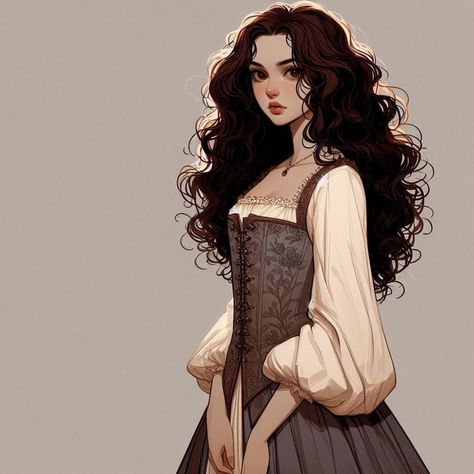 Medieval Digital Art, White Curly Hair Drawing, Bridgerton Character Design, Long Dark Brown Curly Hair, Dark Brown Curly Hair, Brown Hair Female, Medieval Girl, Medieval Era, Black Wavy Hair