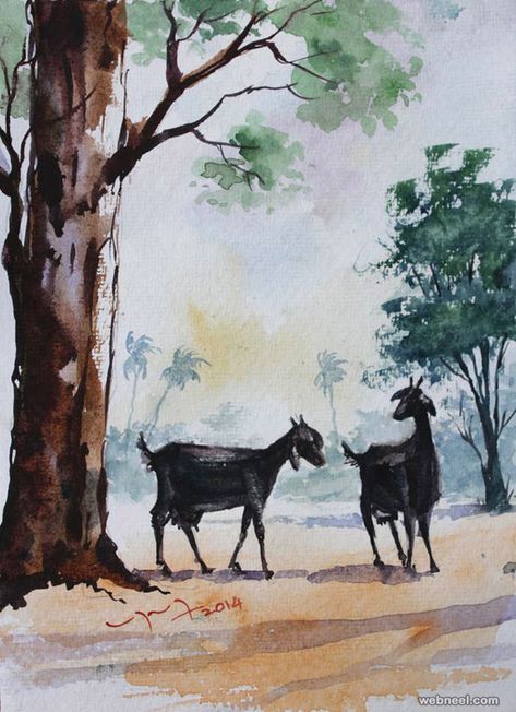 watercolor painting Watercolor Scenery Painting, Beautiful Watercolor Paintings, Animal Composition, Watercolor Scenery, Tree Watercolor Painting, Acrylic Painting Inspiration, Buddha Art Painting, 3d Art Drawing, Art Village