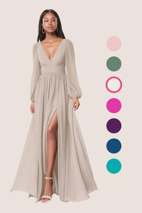 Flowy Champagne Dress, Goddess Bridesmaid Dress, Boho Maid Of Honor Dress, Mixed Bridesmaid Dresses Fall Wedding Color Palettes, Champagne Bridesmaid Dresses Long Sleeve, Minimalist Bridesmaid Dress, Bridesmaid Dress Long Sleeve, Flowy Long Sleeve Dress, Long Sleeve Bridesmaid Dress