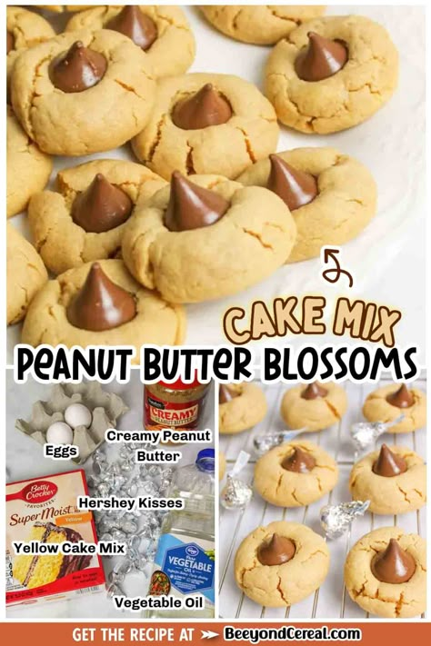 Cake Mix Peanut Butter Blossoms, Cookies With Icing In The Middle, Hershey's Recipes, Peanut Butter Cake Mix Cookies, Peanut Butter Kiss Cookies Recipe, Peanut Butter Kiss, Peanut Butter Blossom, Peanut Butter Kiss Cookies, Butter Blossoms