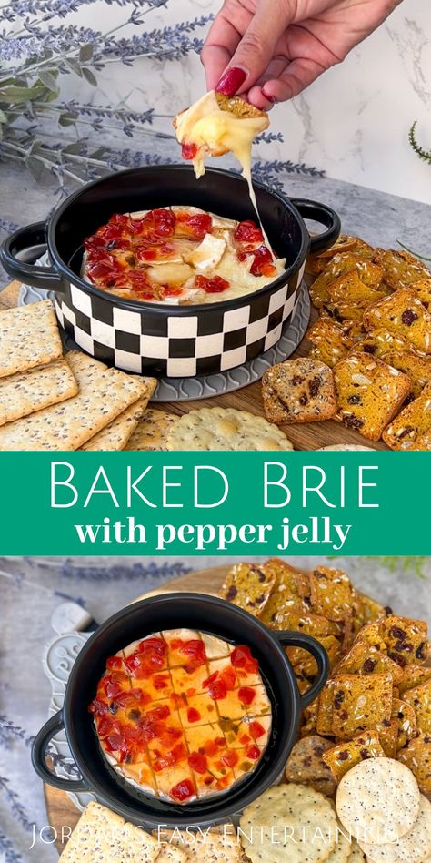 This ooey gooey baked brie with pepper jelly is a delicious party appetizer that can be made in just 15 minutes. Brie And Jelly Appetizer, Brie Red Pepper Jelly Appetizer, Brie With Hot Pepper Jelly, Brie Pepper Jelly Appetizer, Baked Brie Red Pepper Jelly, Baked Brie With Red Pepper Jelly, Baked Brie Pepper Jelly, Brie And Pepper Jelly Appetizer, Red Pepper Jelly Brie