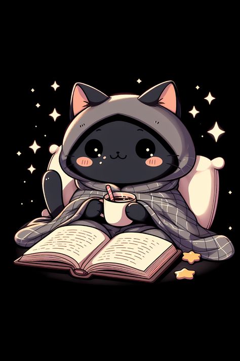 Cozy Cat Reading Book And Drink Coffee With Cookies T-Shirt Books And Cats Wallpaper, Cat Reading Book Drawing, Cute Coffee Aesthetic, Grey Cat Illustration, Cat With Book, Cat Drinking Coffee, Cat Reading Book, Reading Wallpaper, Animal Love Quotes