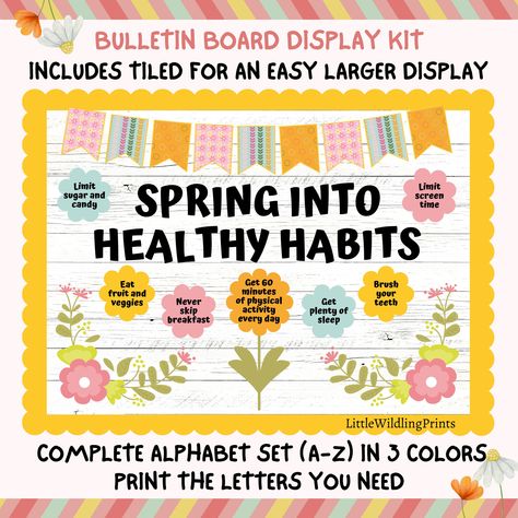 Healthy Habits Bulletin Board, Medical Room, February Bulletin Boards, Hallway Bulletin Boards, Valentines Day Bulletin Board, Spring Bulletin, School Nutrition, Print Letters, Bulletin Board Borders