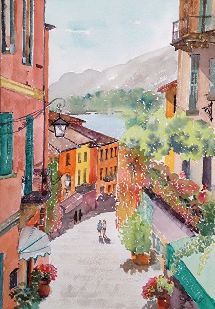 Lake Como, Bellagio, Lombardy, Italy by Lisa Fu Watercolor ~ 20 x 14 Italy Sketches, Lake Como Bellagio, Italy Watercolor, Coastal Watercolor, Lombardy Italy, City Sketch, Watercolor City, Italy Painting, Architecture Drawing Art