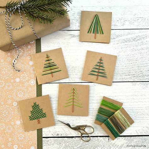 Simple Homemade Holiday Cards, Stitched Christmas Cards Patterns, How To Embroider On Cardstock, Free Paper Embroidery Patterns, Sewing Christmas Cards, Simple Christmas Tree Embroidery, Embroidered Trees Simple, Xmas Gift Tags Homemade, Sewn Christmas Cards