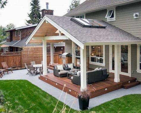 Top 40 Best Deck Roof Ideas - Covered Backyard Space Designs Ombra Pergola, Covered Backyard, Design Per Patio, Backyard Covered Patios, Covered Patio Design, Outdoor Covered Patio, Pergola Diy, Concrete Patios, Patio Deck Designs