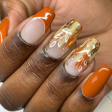 These Fall Nail Looks Will Get You in the Autumn Spirit Burnt Orange And Gold Nails, Fall Inspired Nails, Fall Nail Designs Autumn, Nails Leaves, Nail Designs Autumn, Orange Nail Art, Autumn Florals, Negative Space Nail Art, Autumn Spirit