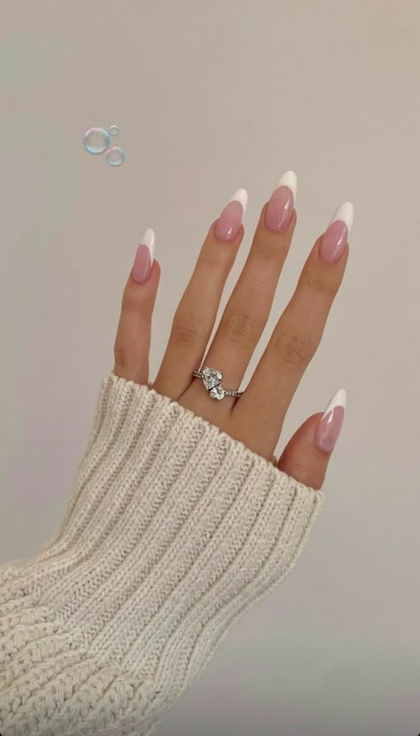 French Tip Acrylic Nails Long Almond, Classy Almond Nails French Tips, Milky White Base French Nails, Big French Tip Nails, Nail Ideas Almond Shape Classy, White French Tip With Pink Base, Korean French Tip Nails, Long Oval French Tip Nails, Long French Acrylic Nails