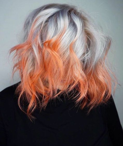 Gray Hair With Colored Ends, Grey And Orange Hair, Gray And Orange Hair, Silver And Orange Hair, Peach Colored Hair, Pastel Orange Hair, Orange Ombre Hair, Silver Hair Dye, Coral Hair