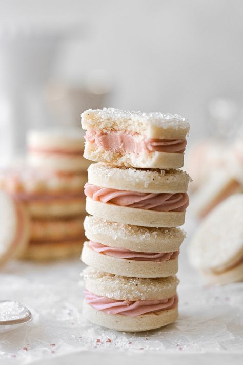 Christmas Sandwich Cookies, Pink Cookies Recipe, Sandwich Cookies Recipes, Raspberry Sandwich Cookies, Sandwich Cookie Recipes, Sandwich Cookies Christmas, Raspberry Sandwich, Valentines Sugar Cookies, Fluffy Cookies