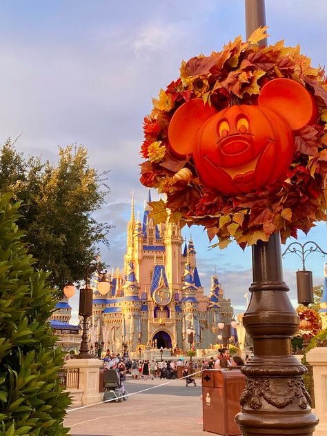 This view of the castle>> Disney Fall Classroom Door, Disneyland Fall Decorations, Disney Castle Halloween, Fall Castle, Disney Castle With Mickey Head, Castle Pumpkin, Disney Fall, Mickey Wreath, Preschool Classroom Decor