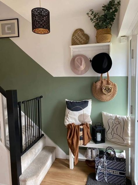 Hall And Stairs Paint Ideas, Painted Hall Stairs And Landing, Split Wall Paint Hallway, Stairs And Wall Same Color, Staircase Wall Design Paint, Half Wall Paint Stairs, Hall Stairs And Landing Decor Colour, Tiny Landing Ideas Upstairs, Two Tone Hallway Green