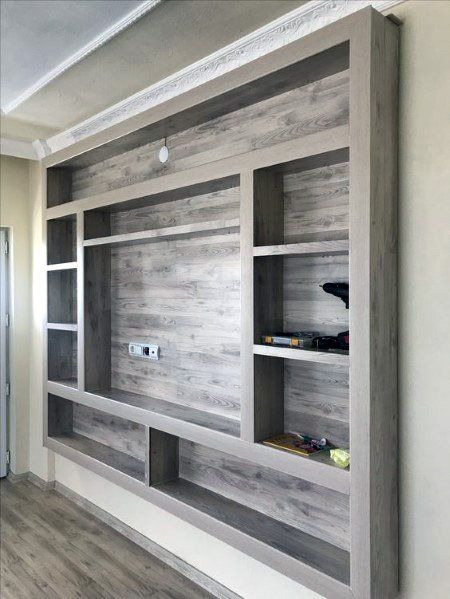 Floating Tv Unit With Shelves, Floating Tv Wall Unit Designs, Tv Space Ideas, Minimalist Tv Wall Design Living Rooms, Tv Wall Floating Shelves, Tv Wall Shelves Design, Tv Wall Shelving, Closest Idea, Minimalist Tv Wall