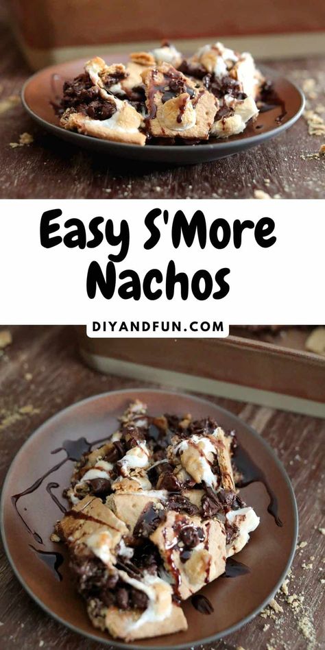 S’mores Nachos In Oven, Oven S’mores Dip, Smores Dessert In Oven, Smores Nachos, Nacho Ideas, Nachos In Oven, Oven Smores, Easy Smores, Dessert Nachos