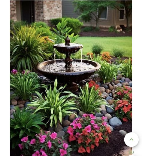 Small Garden With Fountain, Front Yard Fountain, Yard Fountain, Driveway Edging, Landscaping With Fountains, Walkway Landscaping, River Rock Landscaping, Fountains Backyard, Front Yard Garden Design