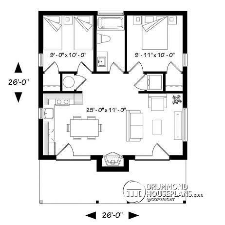 Small Modern Cabin, Plan Chalet, Drummond House Plans, Two Bedroom Apartment, Casa Loft, 2 Bedroom House Plans, Tiny House Plan, Small House Floor Plans, Modern Style House Plans