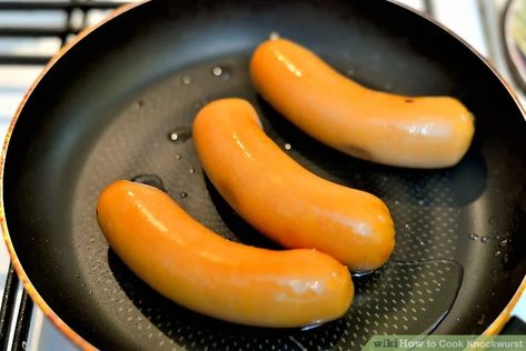 4 Ways to Cook Knockwurst - wikiHow Knackwurst Recipe Dinners, Knockwurst Recipes, Knackwurst Recipe, How To Cook Veal, German Sausage, German Food Authentic, Cooking Pork Chops, Skillet Cooking, How To Cook Sausage