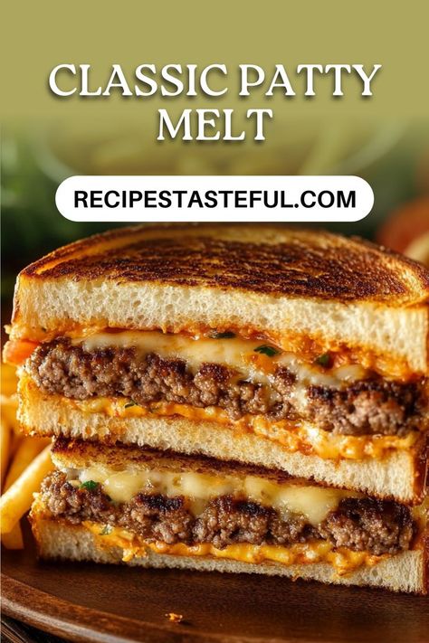 A hearty and delicious classic patty melt featuring juicy beef patties, melted cheese, and a zesty sauce, all grilled to perfection between slices of rye bread. Patty Melt Recipe, Grill Cheese, Melt Recipe, Zesty Sauce, Beef Patties, Patty Melt, Grilled Bread, Melty Cheese, Grilled Sandwich