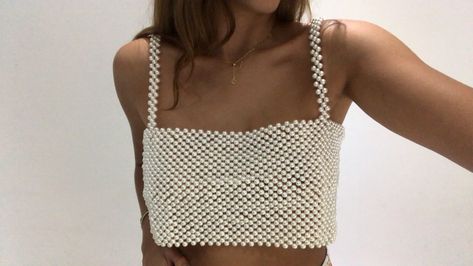 Beaded Pearl Top, Pearl Top Outfit Ideas, Diy Pearl Top, Pearl Top Outfit, Casual Fantasy Clothing, Pearl Crop Top, Pearl Shirt, Beads Clothes, Pearl Top