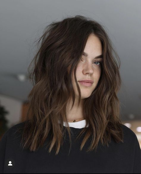 Collar Length Hair Straight, Haircut 2023 Wavy Hair, Modern Hair Styles 2022, Mid Light Hair, Texturized Long Bob, Textured Brunette Hair, Mid Length Hair Thick Wavy, Brunette Shaggy Hair, Medium Long Wavy Haircut