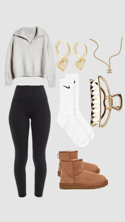 #outfitinspo #earings #necklace #leggings #cozy #aesthetic #nike #socks #clawclip Aesthetic Nike, Sock Outfits, Nike Socks, Casual Preppy Outfits, Trendy Outfits For Teens, Cute Lazy Day Outfits, Cozy Aesthetic, Cute Outfits For School, Lazy Day Outfits