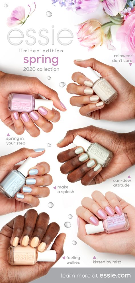 Essie Caught In The Rain, Spring Mani Pedi Combos, Spring Nail Colors Gel Polish, Nail Polish Toes, Cute Nail Colors For Spring, Nail Colors Spring, Spring Nail Polish Colors, Nail Polish Shades, Spring Nail Polish