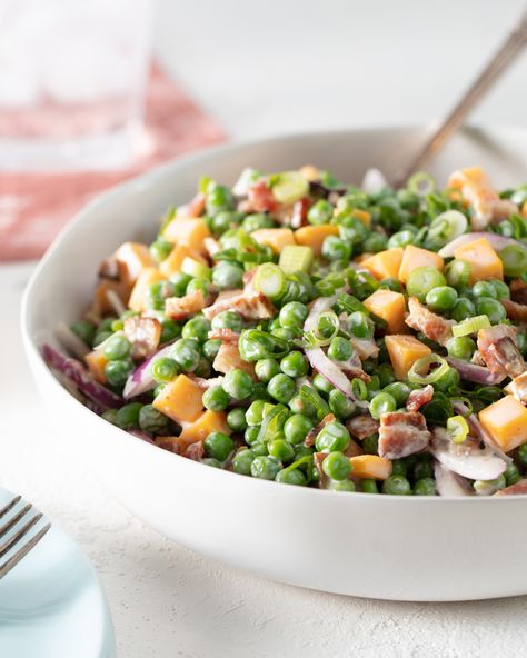 Creamy Bacon & Pea Salad - Lunds & Byerlys Picnic Potluck Recipes, Corn Salad With Bacon, Bacon Pea Salad, Strawberry Pretzel Jello Salad, Jello Pretzel Salad, Light Summer Meals, Chickpea Salad Sandwich, Food Manufacturing, Bacon Salad