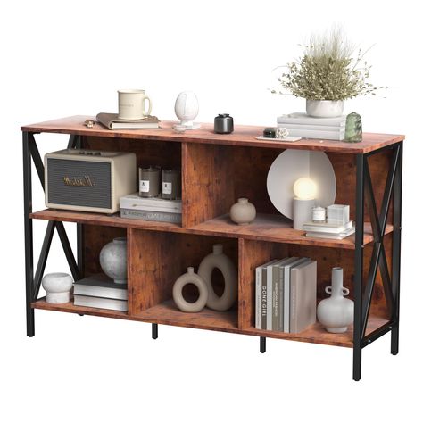 PRICES MAY VARY. [5-Cube Storage Organizer Wide Bookshelf] Low horizontal bookcase combination of rustic oak board and black metal frame flawlessly blends modern and traditional styles. The farmhouse-inspired design adds a charming rustic touch to your space, bring an industrial touch to your home. [Durable Materials ] Cube storage bookshelf is crafted from high-grade MDF and features a long-lasting heavy-duty metal frame,this cube bookcase stands strong without any wobbling. The chunky shelves Cube Storage Office, Large Book Shelf, Horizontal Bookshelf, Chunky Shelves, Horizontal Bookcase, Wide Bookshelf, Tv Stand Bookshelf, Cube Storage Organizer, Shelf For Bedroom