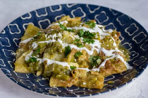 Chilaquiles with Hatch Salsa Verde | Easy Mexican Breakfast recipe Easy Mexican Breakfast, Chilaquiles Verdes Recipe, Breakfast Waffle Recipes, Verde Salsa, Hatch Peppers, Breakfast Potluck, Hatch Green Chili, Chilaquiles Recipe, Latin Dishes