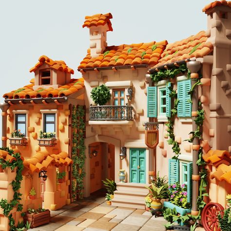 Dessert House Design, Italian Houses Exterior, Italian House Exterior, Italian Courtyard, Cartoon Building, Italian Street, Italian House, Italian Architecture, Building Concept