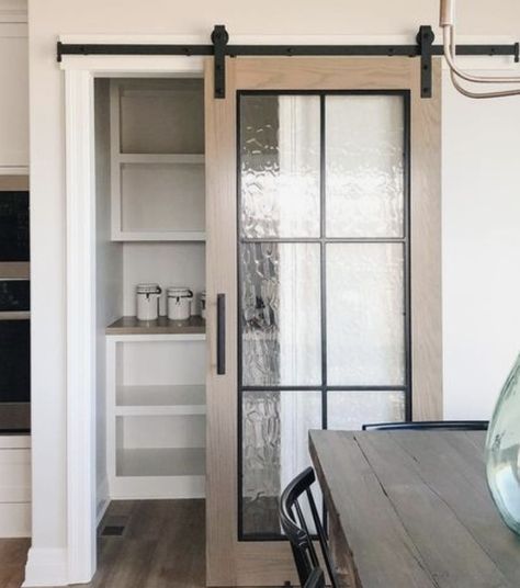 Glass Barn Door Kitchen, Kitchen Pantry Glass Doors, Barn Doors On Pantry, Barn Pantry Doors Kitchen, Open Door Pantry, Barn Door For Pantry Kitchens, Barn Door Kitchen Pantry, Glass Doors To Office, Barn Door Over Sliding Glass Door