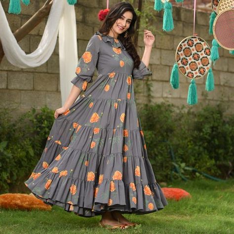 Fit & Frill Cotton Dress Frill Frocks For Women, Frill Frock Design, Frill Frock, Hair Overnight, Floral Print Gowns, Anime Kitten, Long Frock Designs, Designer Kurta, Tiered Dresses