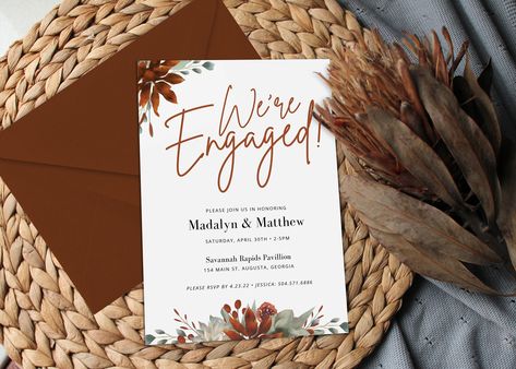 "* We're Engaged Engagement Party Invitation Template *  You're engaged and ready to celebrate! This burnt orange and terracotta floral invitation template is perfect to make all of your cozy, fall engagement party dreams come true. The hand-drawn watercolor florals take this DIY invitation template to a whole new level. Easy-to-edit and customize, your friends and family will be wowed and your wedding budget will be safe and sound. Send as a stand-alone invitation or pair with the many matching Orange Engagement Party, Fall Engagement Party Invitations, Fall Engagement Party, Fall Engagement Parties, We're Engaged, Floral Invitations Template, Diy Invitation, Wedding Reception Invitations, Invitation Diy