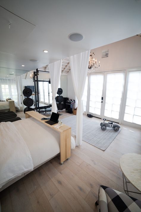 Gym Bedroom Aesthetic, Exercise Area In Bedroom Master Suite, Bedroom Workout Space Ideas, Workout Station In Bedroom, Workout Room In Bedroom, Bonus Room Gym And Media, Office Workout Guest Room Combo, Bedroom And Workout Room, Bedroom To Gym Conversion