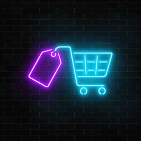 Neon supermarket sale sign with shopping cart Vector Image Dark Brick Wall, Supermarket Design Interior, Logo Online Shop, Baby Cartoon Drawing, Neon Sign Art, Neon Box, Sale Sign, Supermarket Design, Led Projects