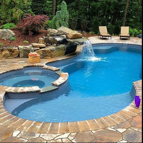 How about enjoying a built-in spa with that graceful splash pad and contemporary design? We invite you to look at the Leisure Pools "Allure" inground composite fiberglass swimming pool. for your backyard. Learn more by visiting the "Styles" page on our website. Then call us at (855)- 85-SPLASH so that we can connect you with your local installer who can provide you with a free estimate and design consultation. Enjoy your Life of Leisure. Pool With Built In Spa, Fiberglass Pool And Spa Combo, Pool And Hot Tub Deck, Fiberglass Pool With Hot Tub, Built In Pool Ideas Backyards, Fiberglass Pool Ideas Backyards, Inground Pool With Hot Tub, Pool And Hot Tub Combo, Pool Hot Tub Combo