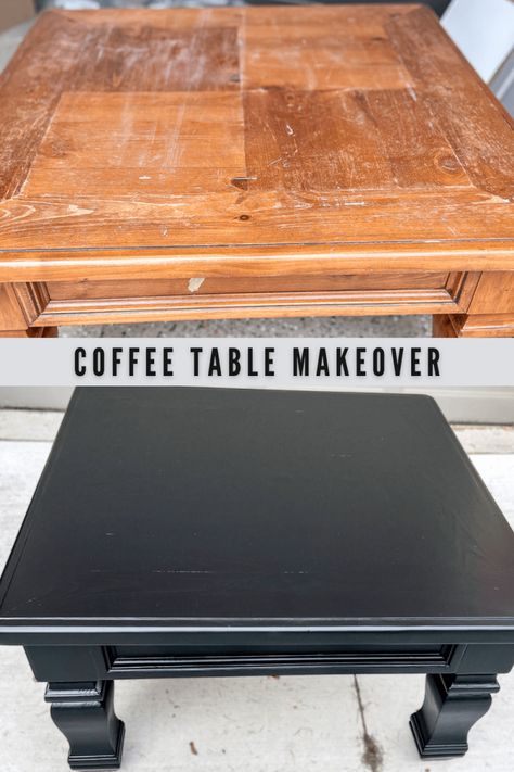 Coffee Table Diy Paint, How To Paint A Coffee Table, Repainted Coffee Table Ideas, Redo Coffee Table Diy, Wooden Coffee Table Makeover, Coffee Table Before And After, Repainting Coffee Table Ideas, Diy Black Coffee Table, Refinish Coffee Table Diy