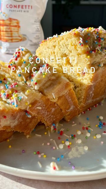 Monique: Ambitious Kitchen on Instagram: "CONFETTI PANCAKE BREAD using my fav @kingarthurbaking confetti pancake mix to make a gorgeous ultra fluffy bread. couldn’t be easier! ⠀ my boys are looooving this recipe, and I love that this mix has only 5g sugar per serving + NO artificial flavors, dyes, or GMOs! order it via the link in my profile.⠀ ⠀ the mix is just-add-water, which works perfectly for regular pancakes, but here’s how I made this quick bread:⠀ ⠀ 1. in a bowl, mix 1 1/4 cups milk of Confetti Bread, Pancake Mix Desserts, Ambitious Kitchen Birthday Cake Bread, Pancake Mix Cake, Funfetti Pancake Mix Recipes, Homemade Pancake Mix Recipe Just Add Water, Pancake Mix Just Add Water, Confetti Pancakes, Funfetti Pancakes