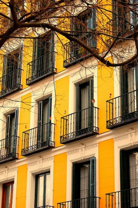 yellow building with iron window railings Yellow Houses, Yellow Submarine, Foto Art, Exterior Paint Colors, Yellow Aesthetic, Paint Colors For Home, Mellow Yellow, Cool Stuff, Shades Of Yellow