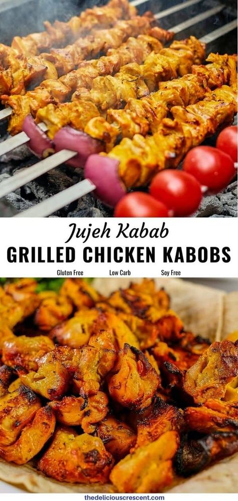 Saffron Chicken Kabobs, Moroccan Chicken Kabobs, Chicken Persian Recipes, Chicken Kabobs Middle Eastern, Persian Chicken Kabobs, Persian Grilled Chicken, Persian Joojeh Kabob, Iranian Chicken Kabob, Afghan Chicken Kabobs