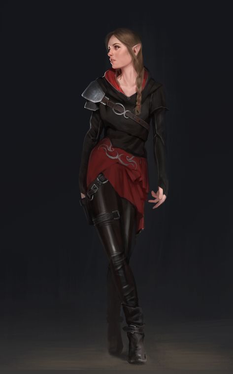 f Half Elf Warlock Leather Armor urban City Tower undercity ArtStation by Damian Audino lg (10) Half Elf Warlock, Red And Black Outfits, Half Elf, Female Elf, Female Armor, Leather Armor, Fantasy Inspiration, Fantasy Clothing, Character Creation