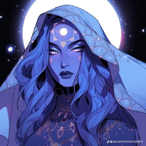 Moon Priestess Art, Moon Cleric Dnd, Moon Elf Female Dnd, Lunar Sorcerer, Priestess Character Design, Moon Character Design, Astral Elf, Moon Priestess, Moon Elf