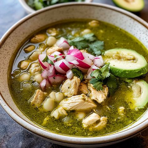 Chicken Pozole Verde (Mexican Green Pozole) Chicken Pozole Verde Recipe, Chicken Pozole Verde, Chicken Pozole Recipe, Pozole Verde Recipe, Green Pozole, Creamy Chicken And Noodles, Amazing Dinner Recipes, Chicken Pozole, Chicken Verde